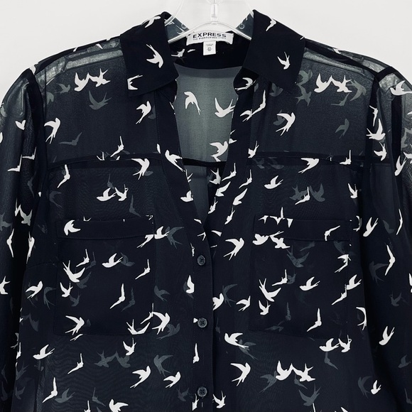 Express Portofino Sheer Black Bird Print Roll-Tab Sleeve Button-Down Shirt - Picture 6 of 10